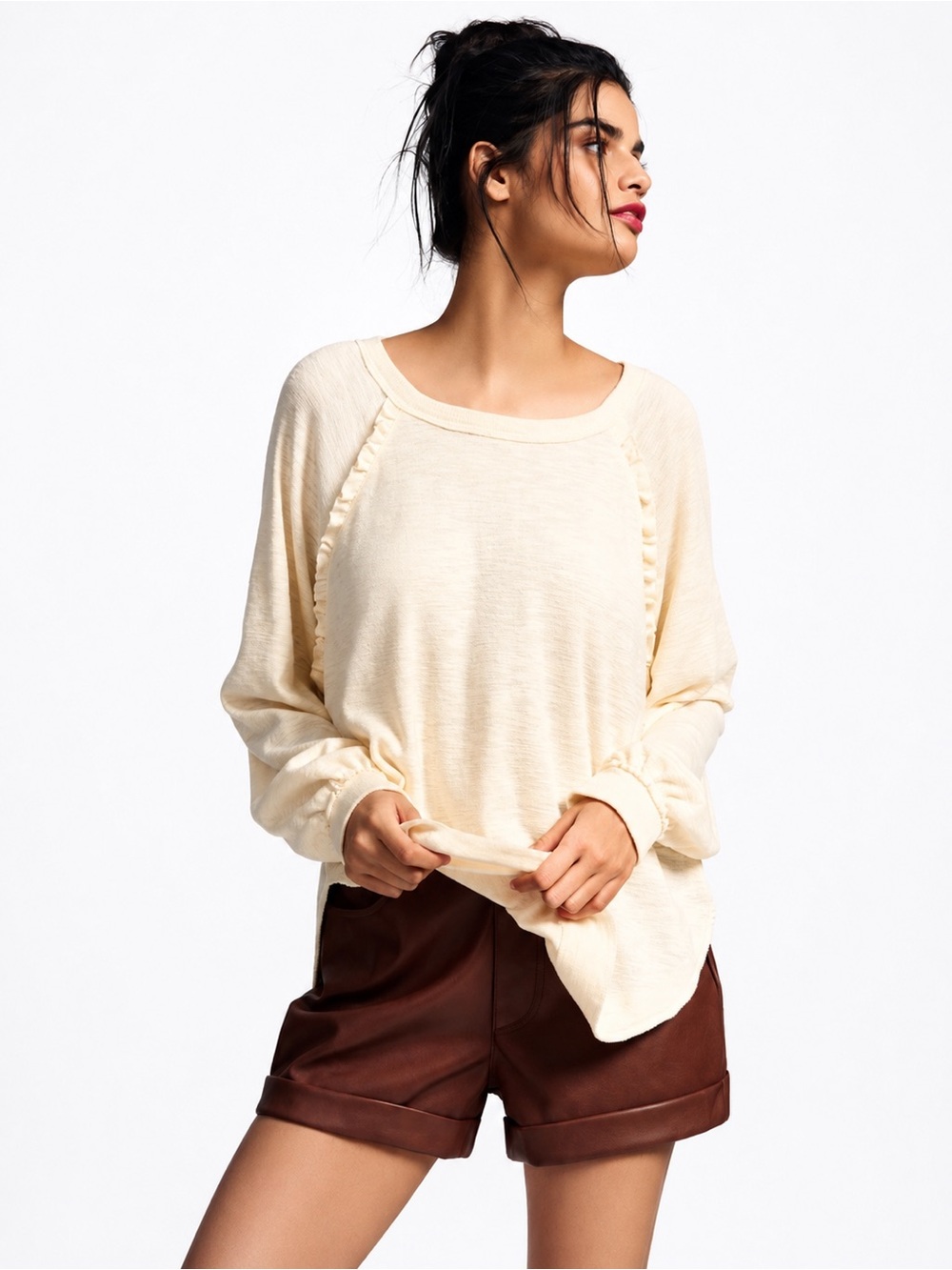 Pilcro Anthropologie Ruffled Raglan Thermal 0947 Top Cream Boho Oversized medium